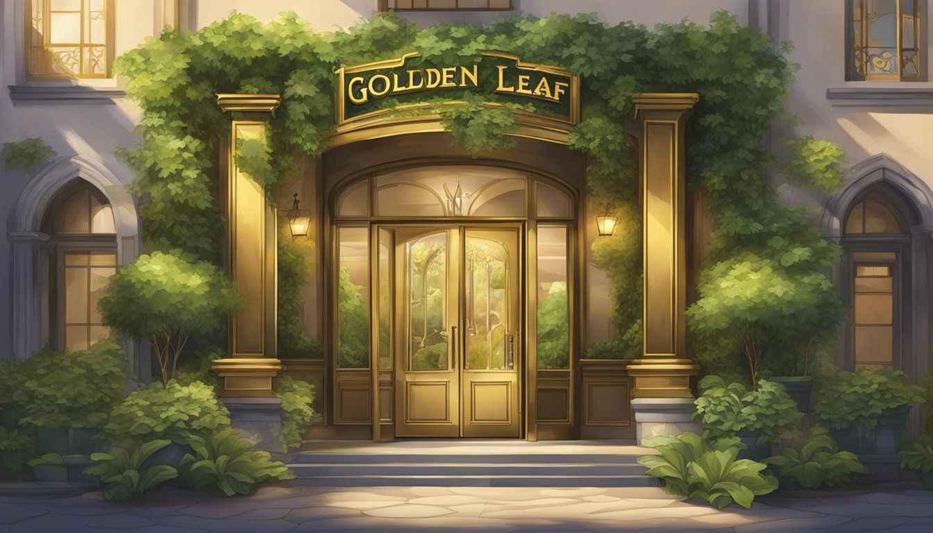 The entrance to the Golden Leaf Restaurant, with a grand sign and lush greenery, invites visitors to plan their visit