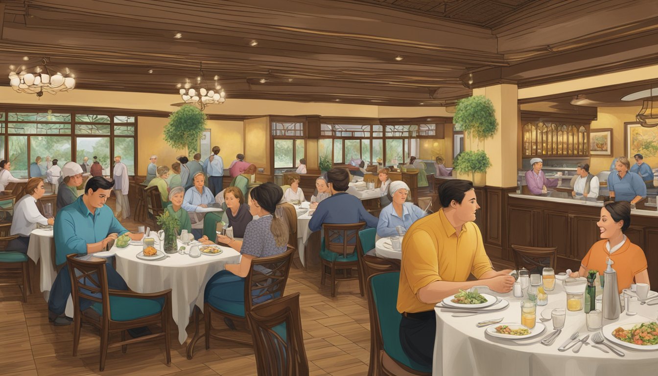 The bustling dining room at Golden Leaf Restaurant, with patrons enjoying their meals and servers attending to tables. A sign prominently displays "Frequently Asked Questions" near the entrance