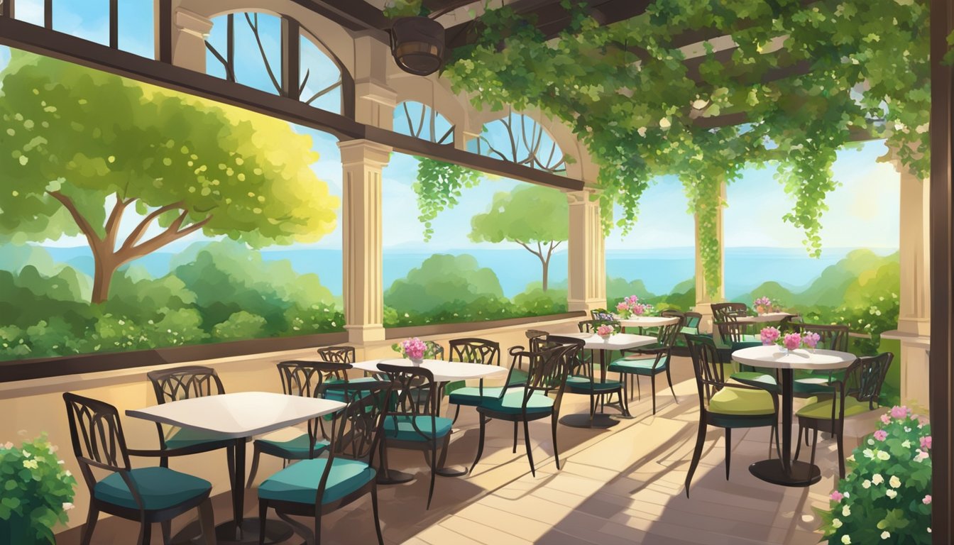A cozy garden view restaurant with lush greenery, colorful flowers, and elegant outdoor seating. A serene atmosphere with dappled sunlight filtering through the trees