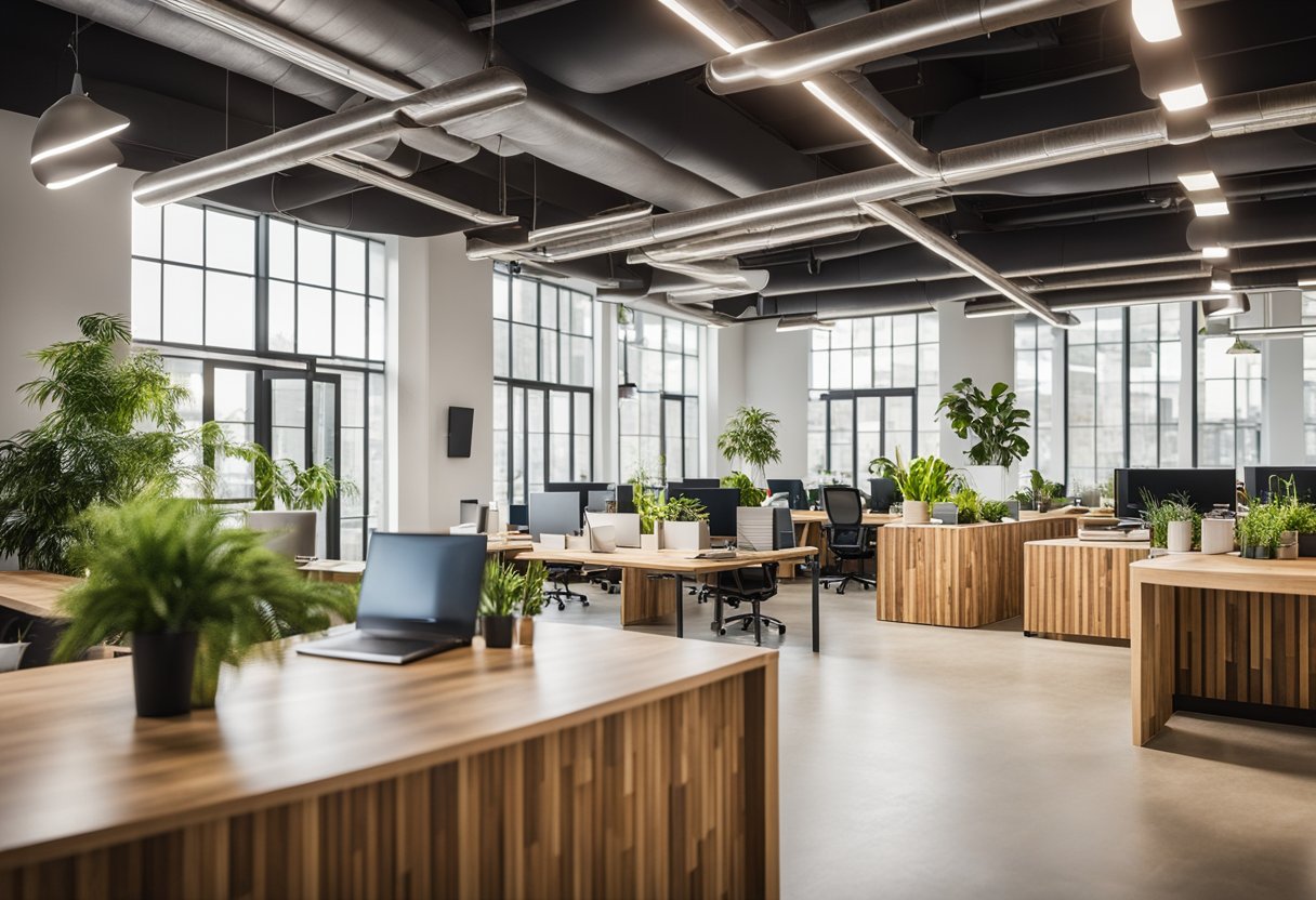 An open office space with natural lighting, indoor plants, and sustainable materials such as bamboo or recycled wood furniture. Energy-efficient lighting and a recycling station are also visible