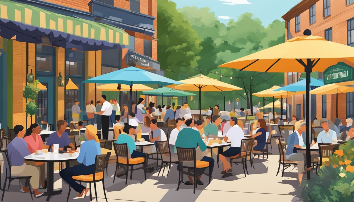 Lively outdoor seating, colorful umbrellas, and bustling waitstaff at Greenwood restaurants