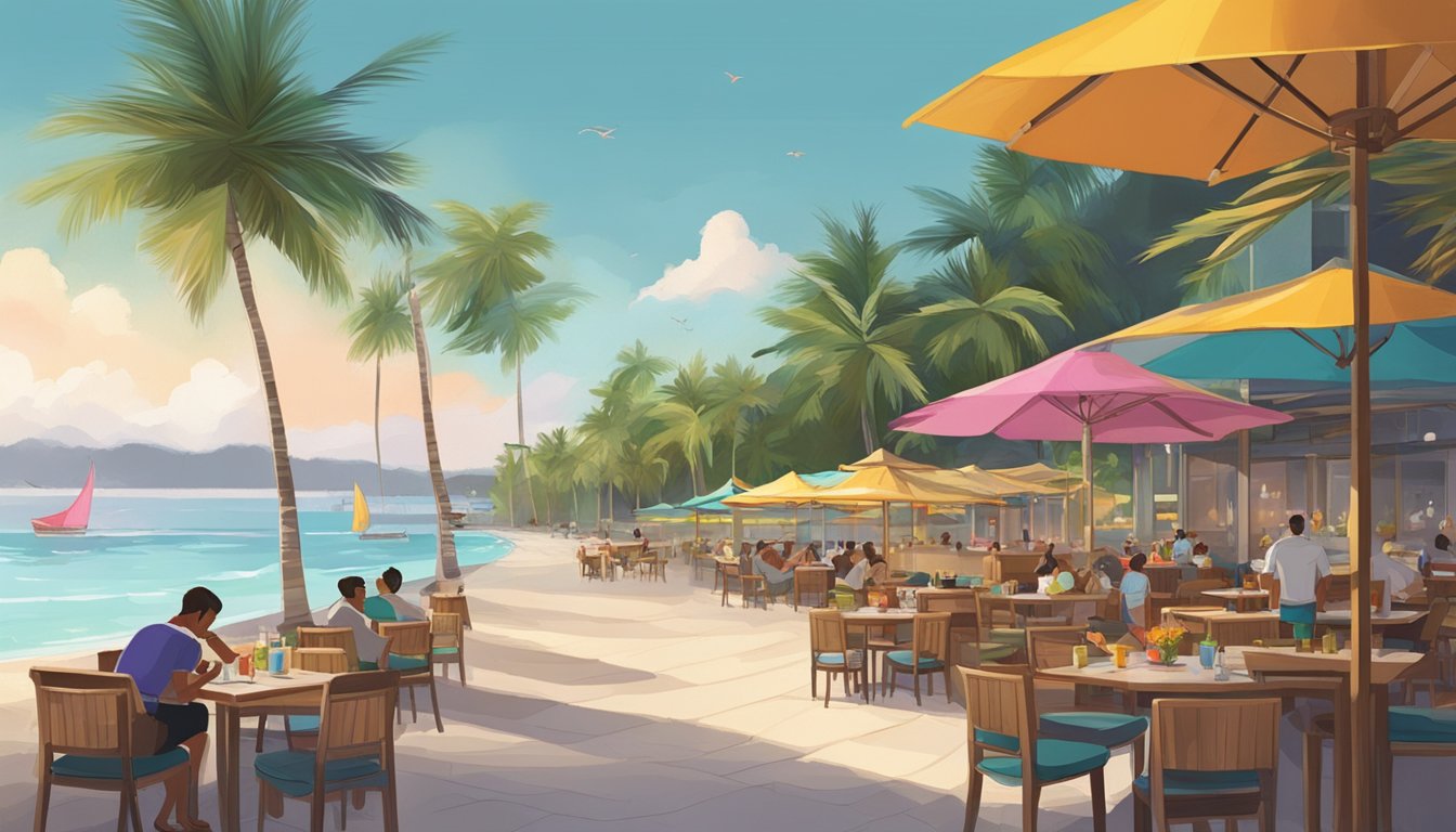 Colorful beachfront restaurants line the shore at Siloso Beach, with outdoor seating and palm trees swaying in the breeze