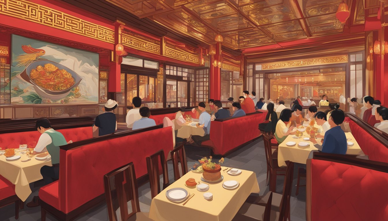 The Teck Sing restaurant bustles with diners enjoying traditional Chinese cuisine amidst red and gold decor