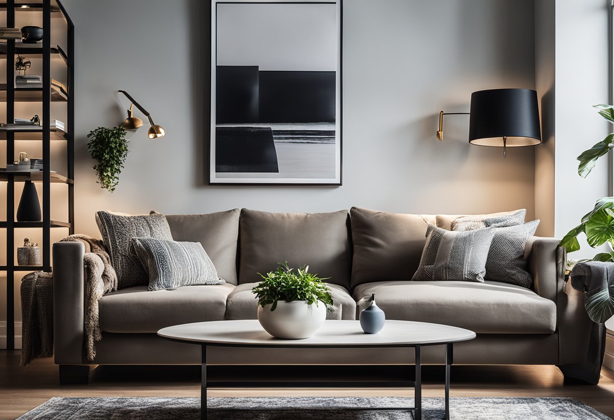 A modern living room with a sleek sofa, stylish coffee table, and designer rug. Shelves display trendy decor and lighting fixtures add ambiance