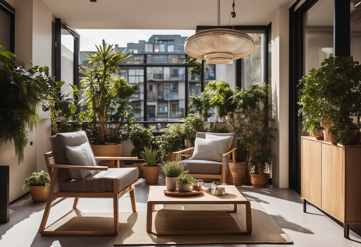 A cozy balcony with space-saving furniture, potted plants, and hanging lights. Compact yet stylish design maximizing functionality for small spaces