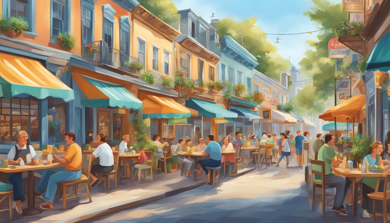 A bustling street lined with charming seafood restaurants, each adorned with colorful signs and bustling with happy diners enjoying their delicious meals