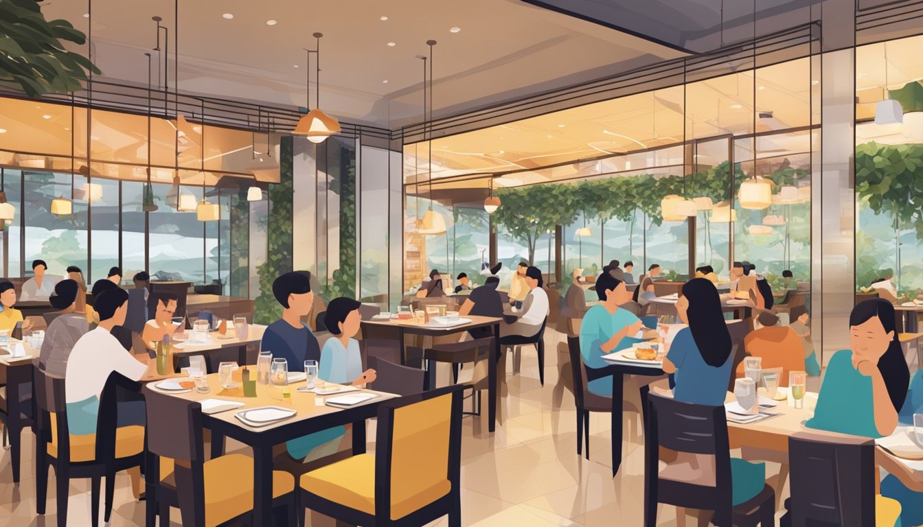 A bustling Seletar Mall restaurant with diners enjoying their meals amidst a warm and inviting ambiance
