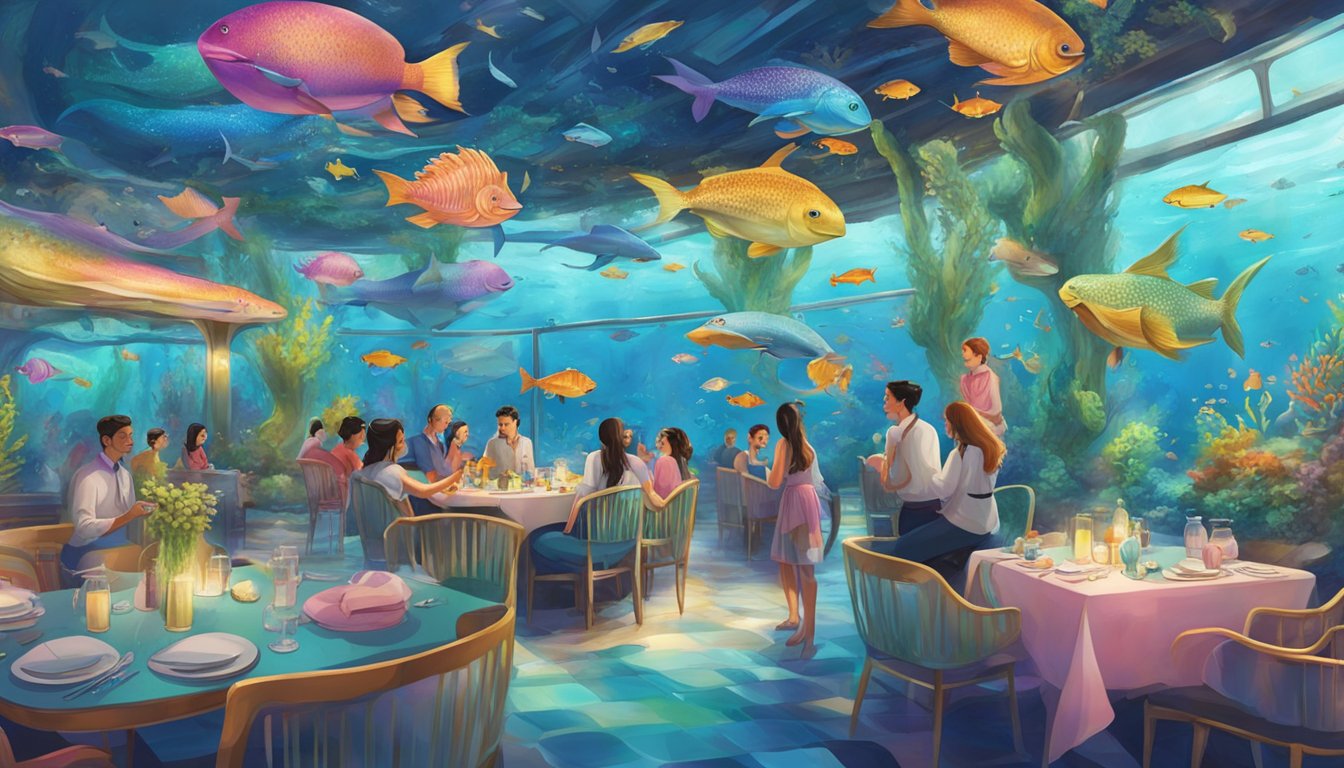 A colorful underwater restaurant in Singapore, with mermaid-themed decor and sea creatures swimming around diners