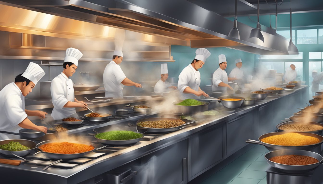 A bustling restaurant kitchen, with chefs at work, steam rising from sizzling woks, and the aroma of exotic spices filling the air
