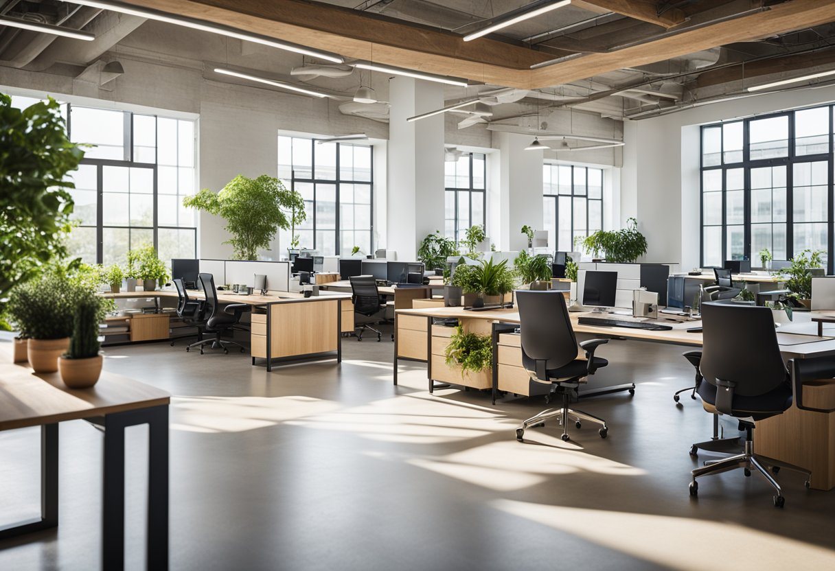 An open, airy office space with natural light, greenery, and sustainable materials. Desks and workstations are arranged to promote collaboration and employee well-being