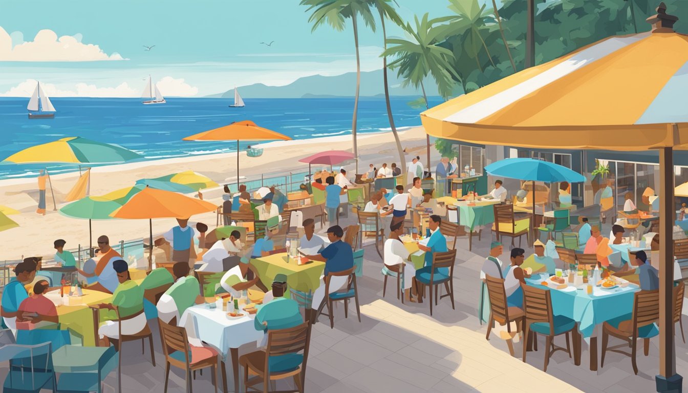 Colorful beachfront restaurants line Siloso Beach, with tables set under umbrellas and the sea as a backdrop. Chefs prepare fresh seafood and international cuisine, while diners enjoy the ocean breeze
