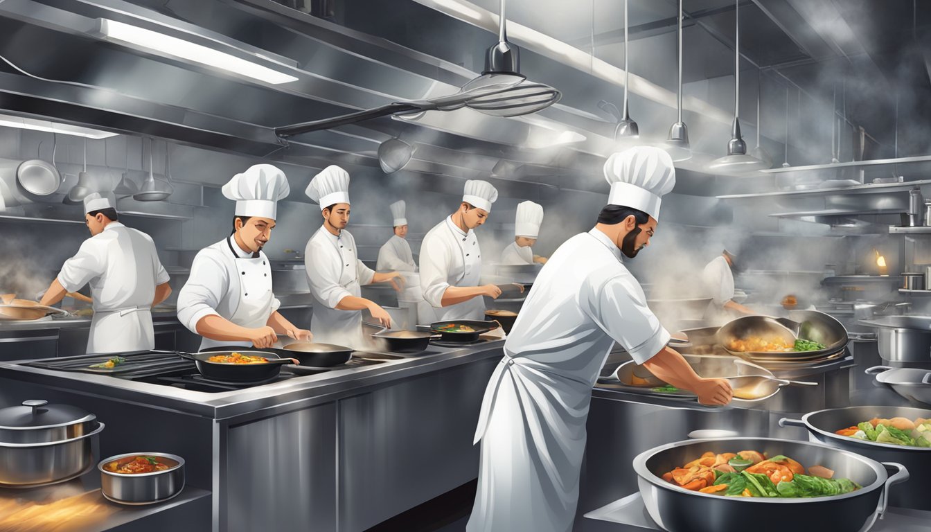 A bustling restaurant kitchen with chefs preparing dishes, steam rising from pots and pans, and the sound of sizzling and chopping filling the air