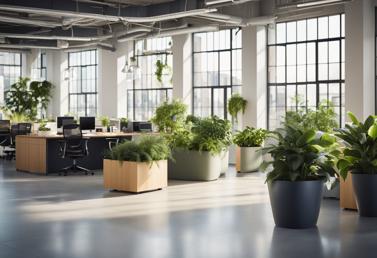 An open, sunlit office space with energy-efficient lighting, recycling bins, and indoor plants. Sustainable materials and ergonomic furniture are used throughout