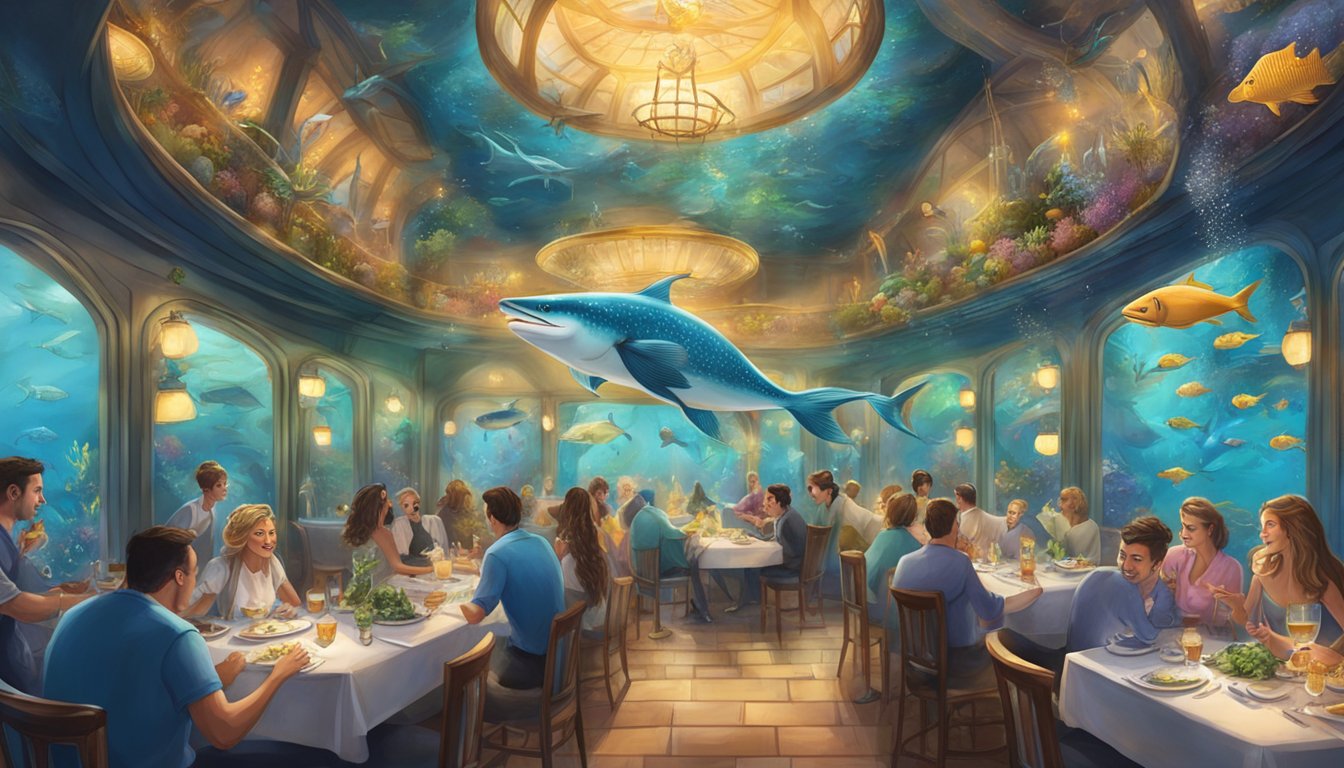 A lively underwater restaurant with mermaid servers, colorful marine life, and diners enjoying exquisite cuisine and live entertainment
