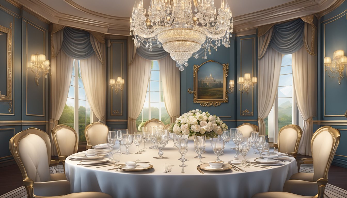Elegant tables set with fine china and crystal glasses in a luxurious dining room with soft lighting and a grand chandelier above