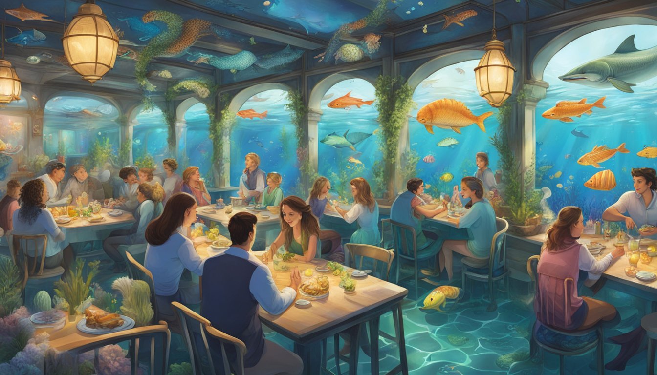 A bustling underwater restaurant with mermaids serving customers and colorful sea creatures swimming around