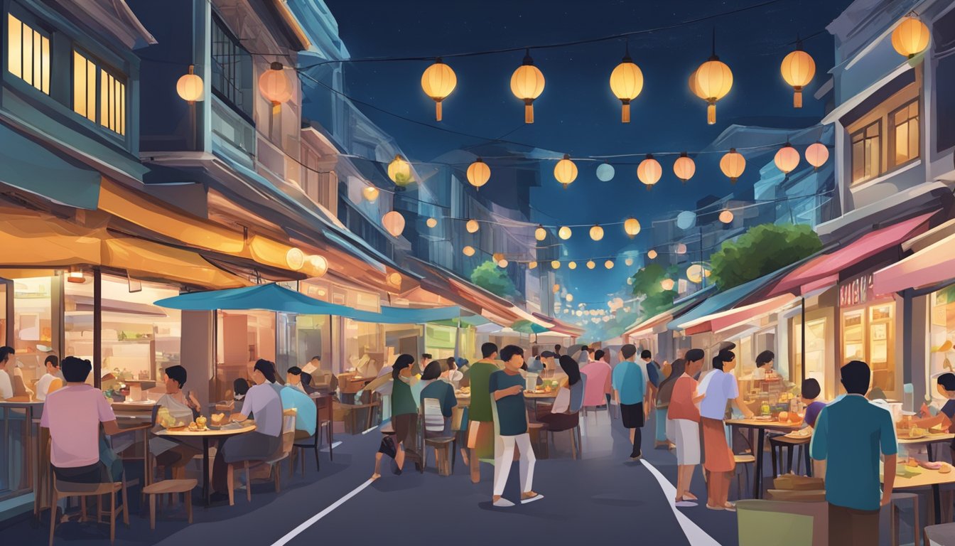 A bustling Singapore street lined with late-night restaurants, each glowing with inviting lights and offering a variety of international cuisines