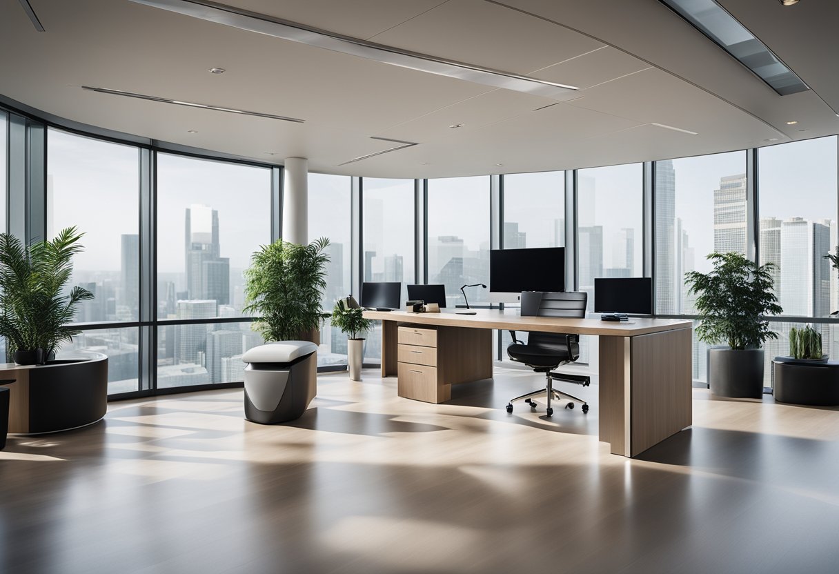 A sleek, minimalist CEO office with floor-to-ceiling windows, a large desk, modern furniture, and high-tech gadgets