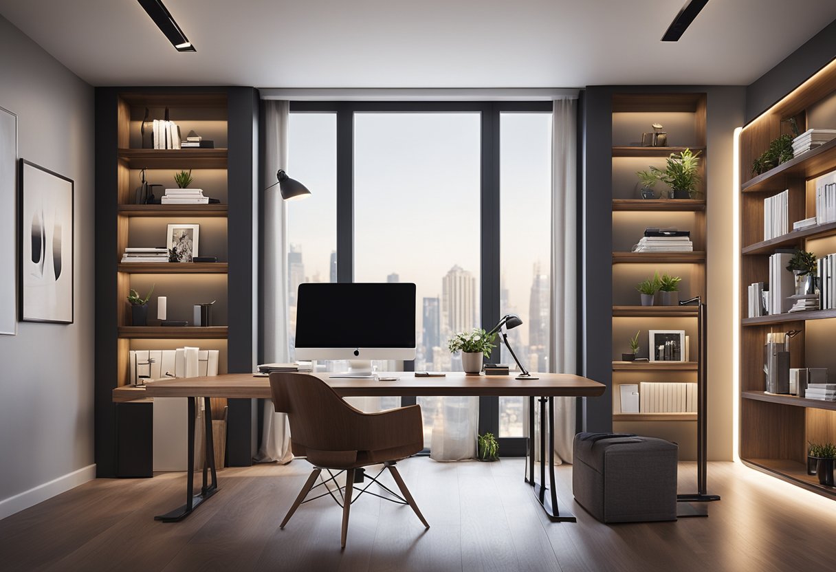 A spacious, modern home office with a sleek desk, comfortable chair, large windows, and minimalist decor. A bookshelf lines one wall, and soft lighting creates a warm, inviting atmosphere