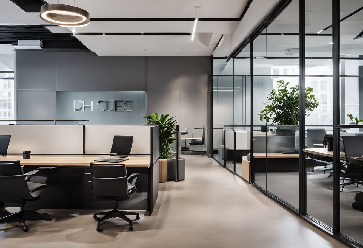 The modern law office features sleek furniture, clean lines, and a neutral color palette. Glass partitions separate workspaces, while the reception area includes a minimalist desk and comfortable seating