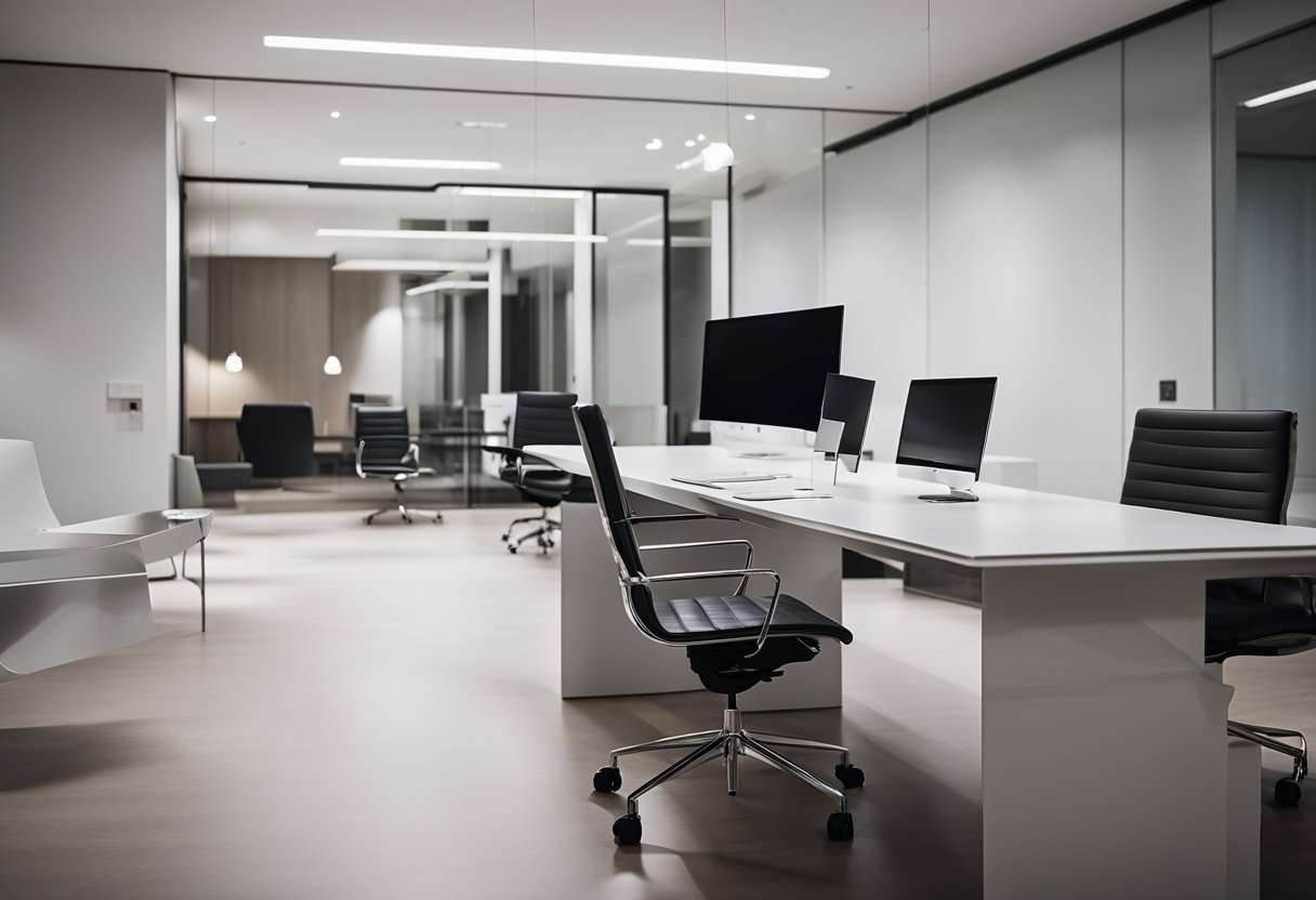 A sleek, minimalist CEO office with a large, polished desk, ergonomic chair, and modern technology. Clean lines, neutral colors, and strategic lighting create a professional and productive atmosphere