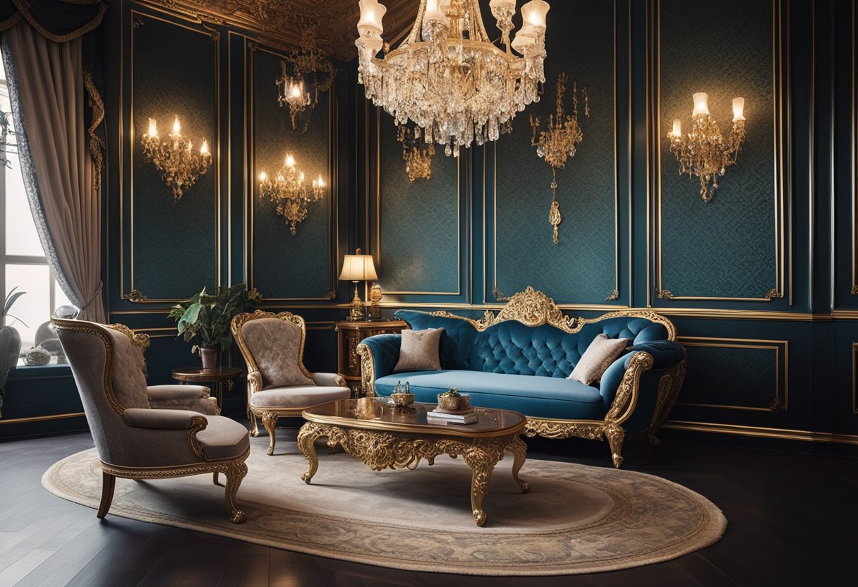 A luxurious Victorian-style sofa and armchair with ornate wood carvings, plush velvet upholstery, and elegant tufting, set against a backdrop of intricate wallpaper and a crystal chandelier