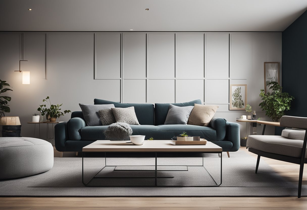 A modern living room with sleek, contemporary furniture, including a comfortable sofa, a stylish coffee table, and a minimalist entertainment unit