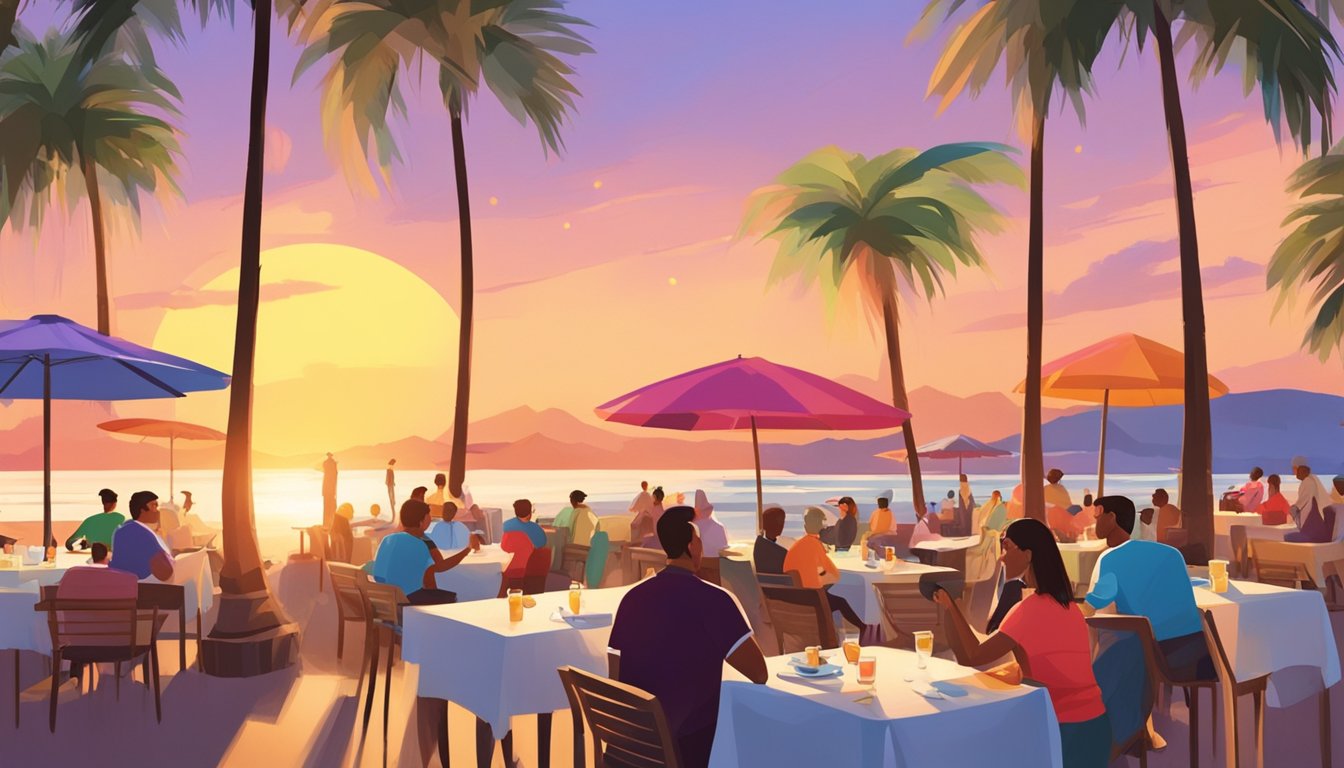 Visitors sit at outdoor tables with colorful umbrellas, enjoying meals and drinks. Palm trees sway in the background as the sun sets over the beach