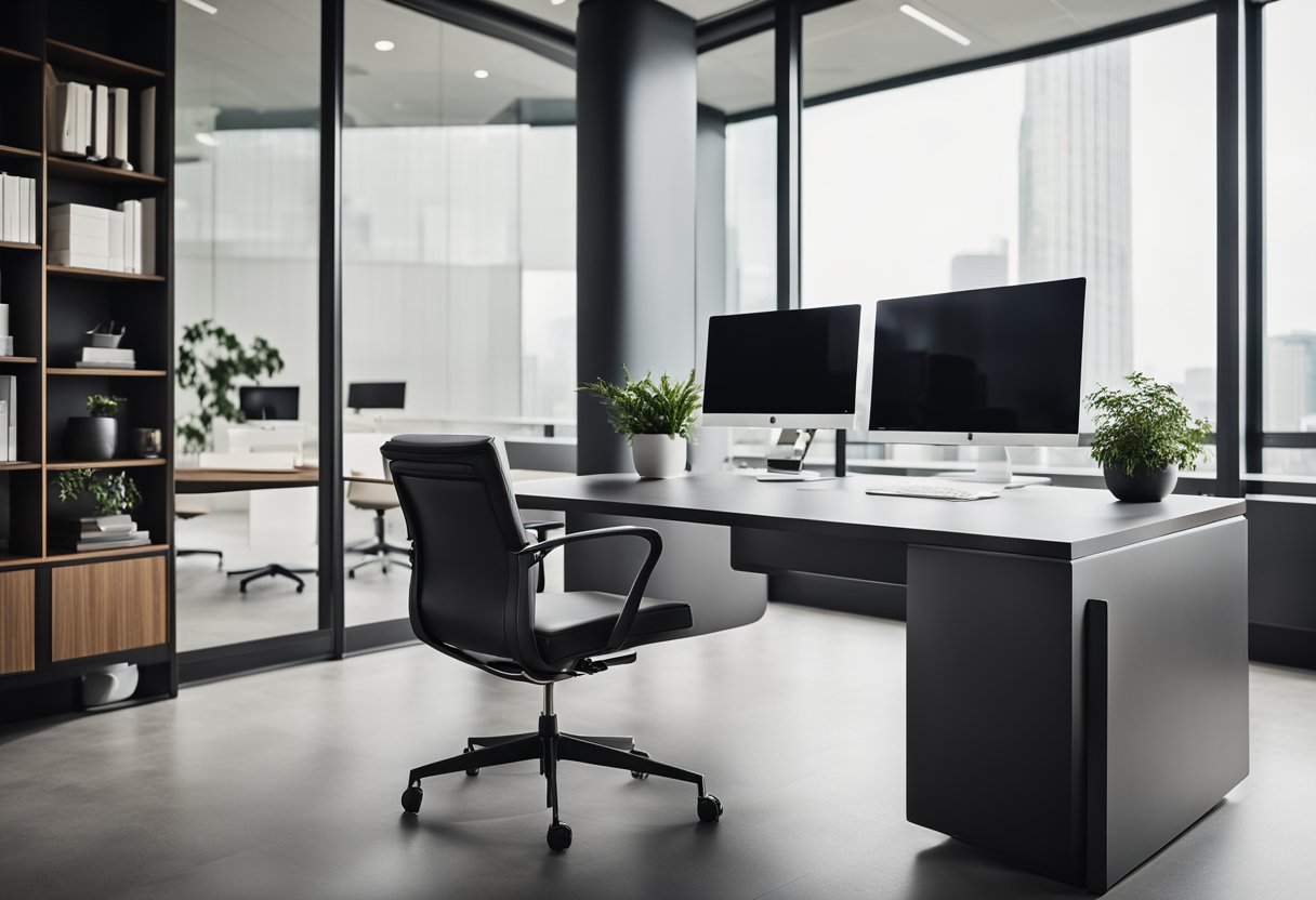A sleek, minimalist CEO office with large windows, contemporary furniture, and a minimalist color scheme. A large desk with a computer, a comfortable seating area, and modern artwork on the walls