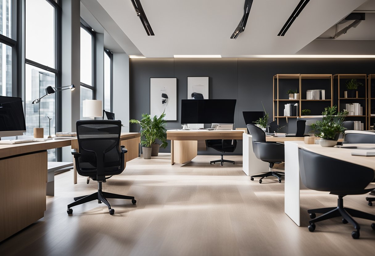 Sleek desks, ergonomic chairs, and minimalist decor create a professional and sophisticated atmosphere in a modern law office interior design