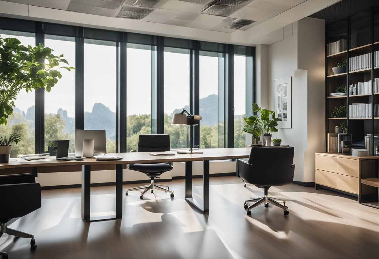 A spacious, well-lit office with modern furniture, a large desk, ergonomic chair, bookshelves, and a view of nature through floor-to-ceiling windows