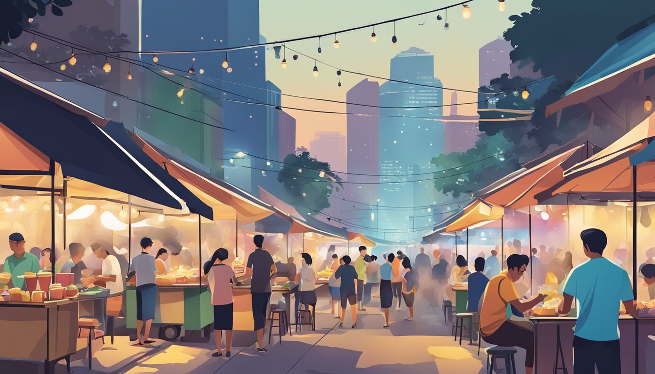 People enjoying a variety of late-night street food at bustling hawker centers in Singapore, with colorful stalls and aromatic smoke filling the air