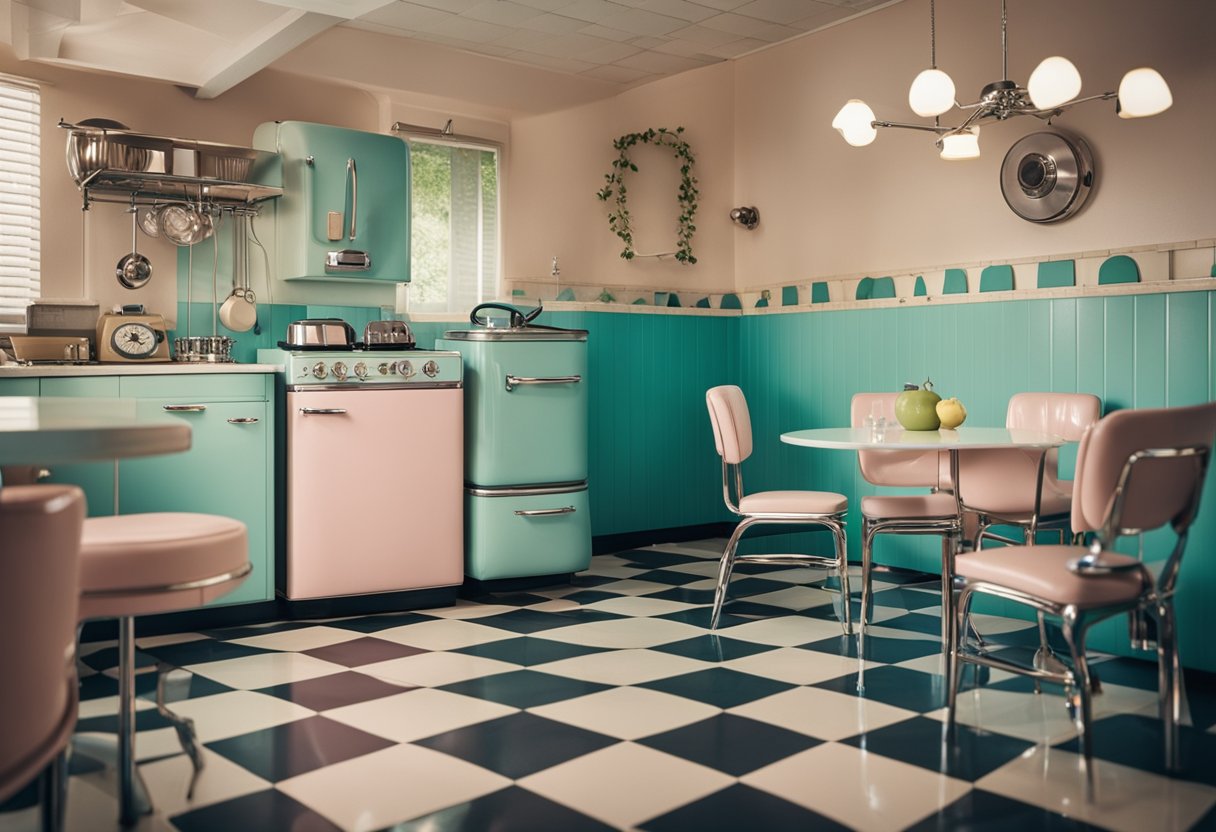 A retro kitchen with checkered linoleum floor, pastel-colored appliances, and chrome accents. A vintage dinette set with vinyl chairs and a classic rotary phone on the wall