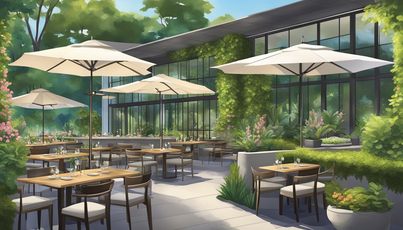 The Garden View Restaurant features lush greenery, cascading water features, and elegant outdoor seating