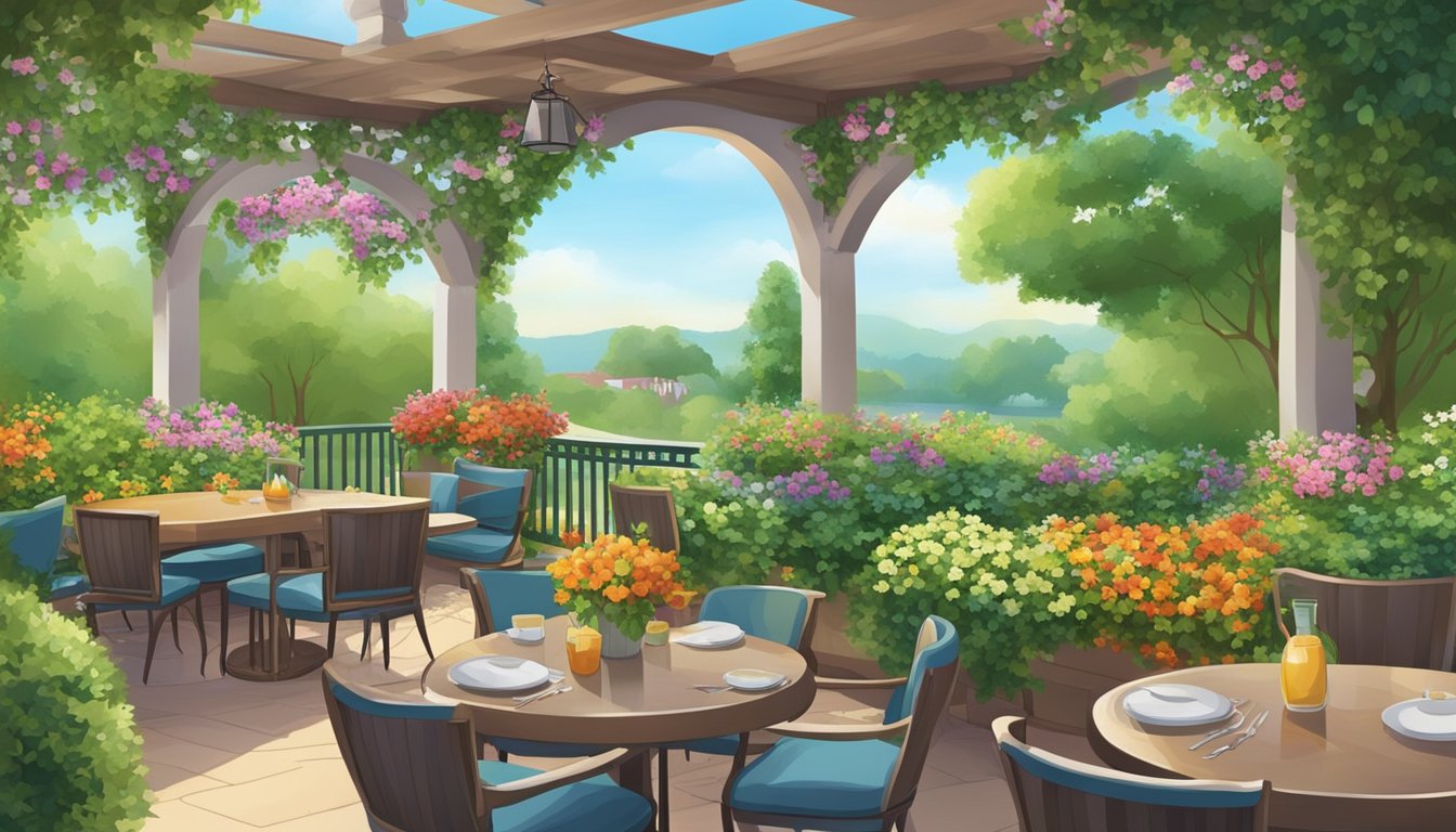 A lush garden surrounds the restaurant, with colorful flowers and neatly trimmed hedges. The outdoor seating area overlooks the serene landscape