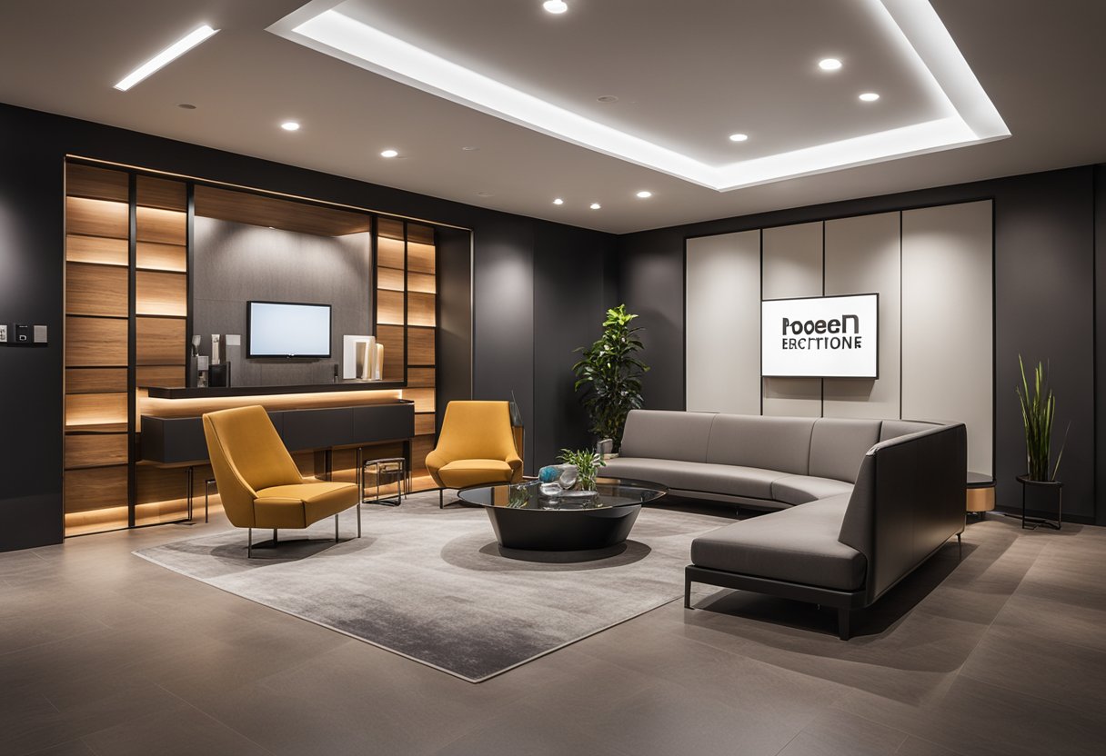 Sleek, minimalist furniture contrasts with bold accent walls and high-tech lighting. The reception area features a large, custom-designed logo