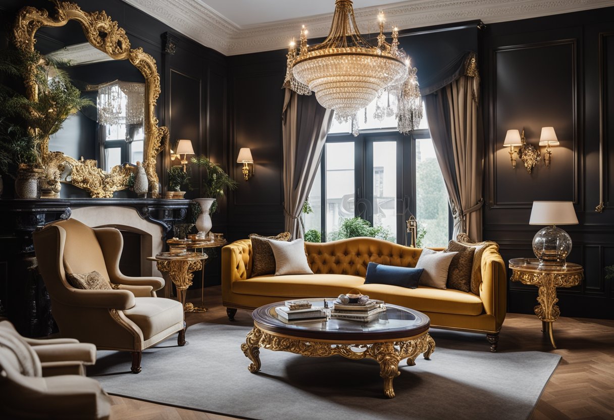 A modern Victorian interior with ornate furniture and rich color palette. A mix of traditional and contemporary elements creates a timeless and elegant space