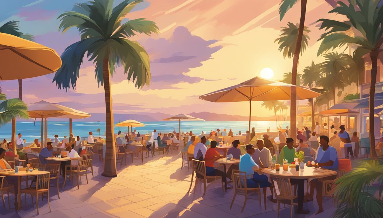 Colorful beachfront with bustling restaurants, people dining and strolling, palm trees swaying, and the sun setting over the ocean