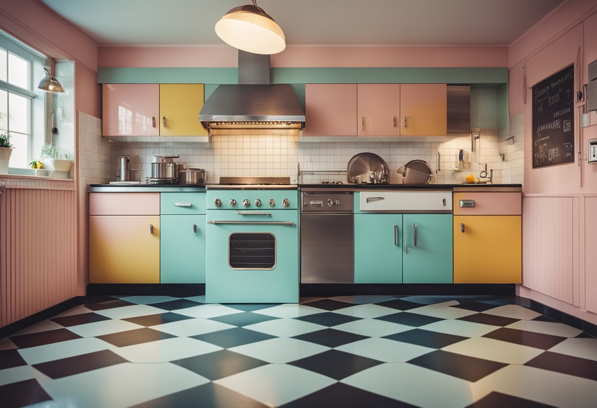 A retro kitchen with colorful checkered flooring, pastel-colored appliances, chrome accents, and vintage signage on the walls