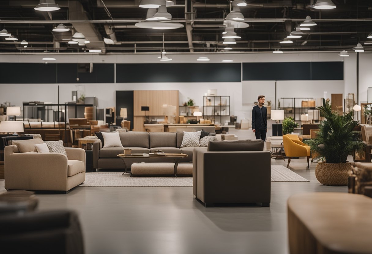 A person browsing through a variety of furniture options in a showroom or warehouse setting, with different styles and designs on display