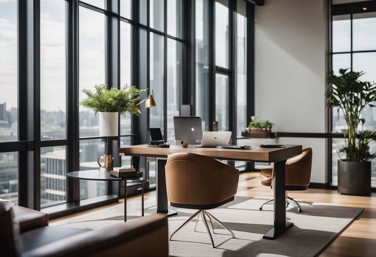 A sleek, modern desk sits against a backdrop of floor-to-ceiling windows, allowing natural light to flood the room. A plush, leather chair complements the desk, while metallic accents and statement artwork add a touch of sophistication to the space
