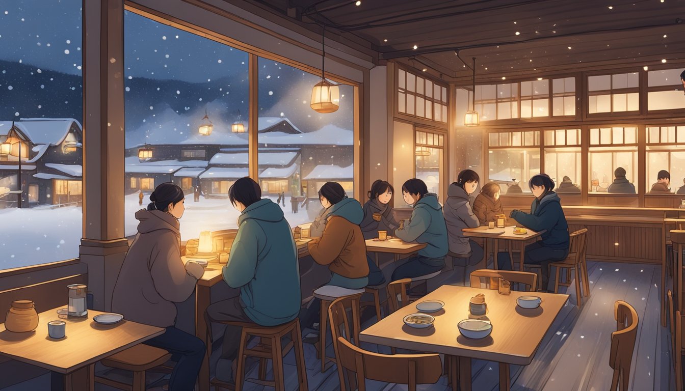 A cozy restaurant in Niseko, with warm lighting and snow falling outside. Tables are set with steaming bowls of ramen and diners enjoying their meals