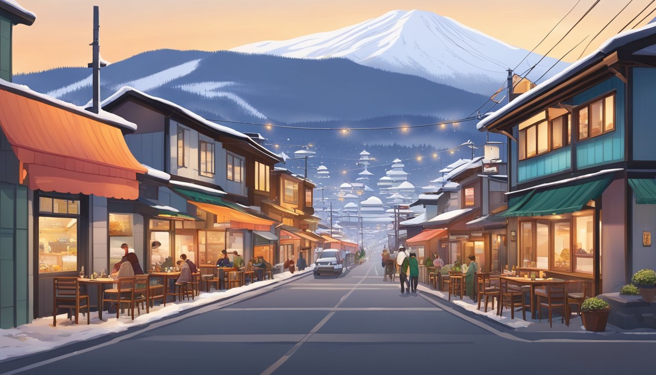 A vibrant street lined with cozy restaurants, each emitting tantalizing aromas of sizzling meats and savory spices. Snow-capped mountains loom in the distance, creating a picturesque backdrop for a culinary adventure in Niseko