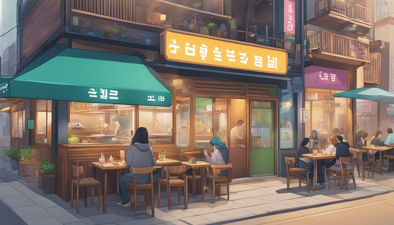 A bustling hongdae Korean restaurant with colorful signage, outdoor seating, and steaming hot pots on each table