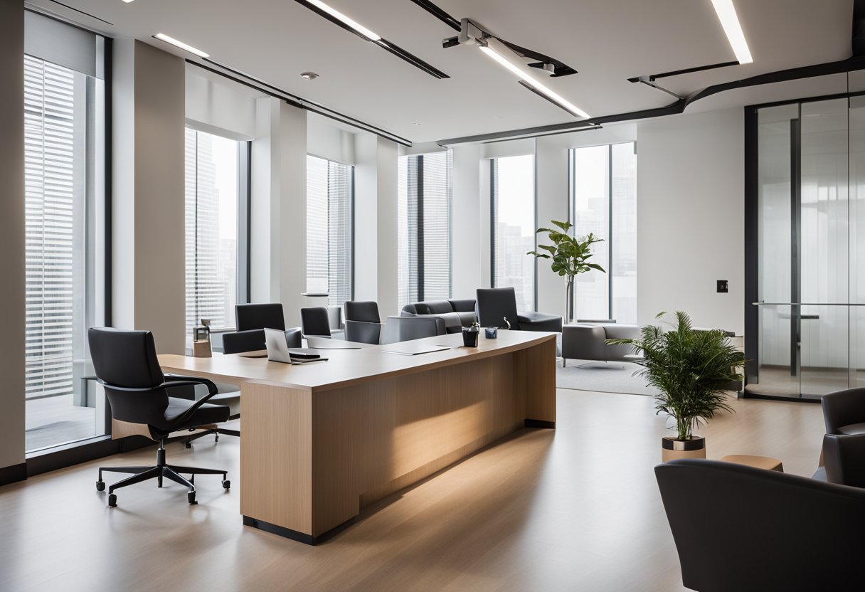 A sleek, minimalist law office with clean lines, neutral color palette, and modern furniture. Large windows let in natural light, while a polished reception desk welcomes visitors