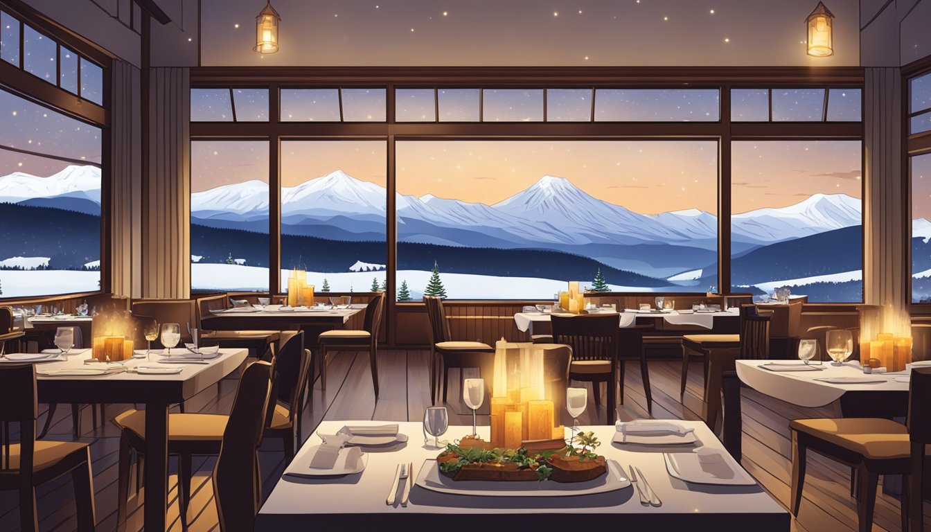 A cozy dining room with warm lighting, a crackling fireplace, and large windows overlooking snow-covered mountains. Tables are set with elegant place settings and diners enjoy delicious meals from the Niseko restaurants