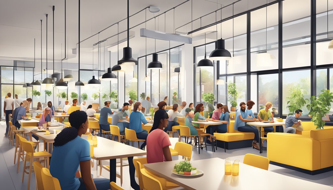 The bustling IKEA restaurant features a long line of customers, modern furniture, and a bright, open layout with large windows and hanging pendant lights