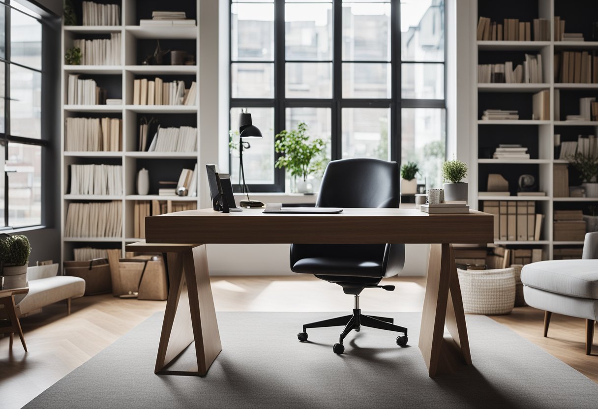 A sleek, modern home office with a spacious desk, ergonomic chair, and large windows offering natural light. Shelves filled with books and stylish decor create an elegant and productive workspace