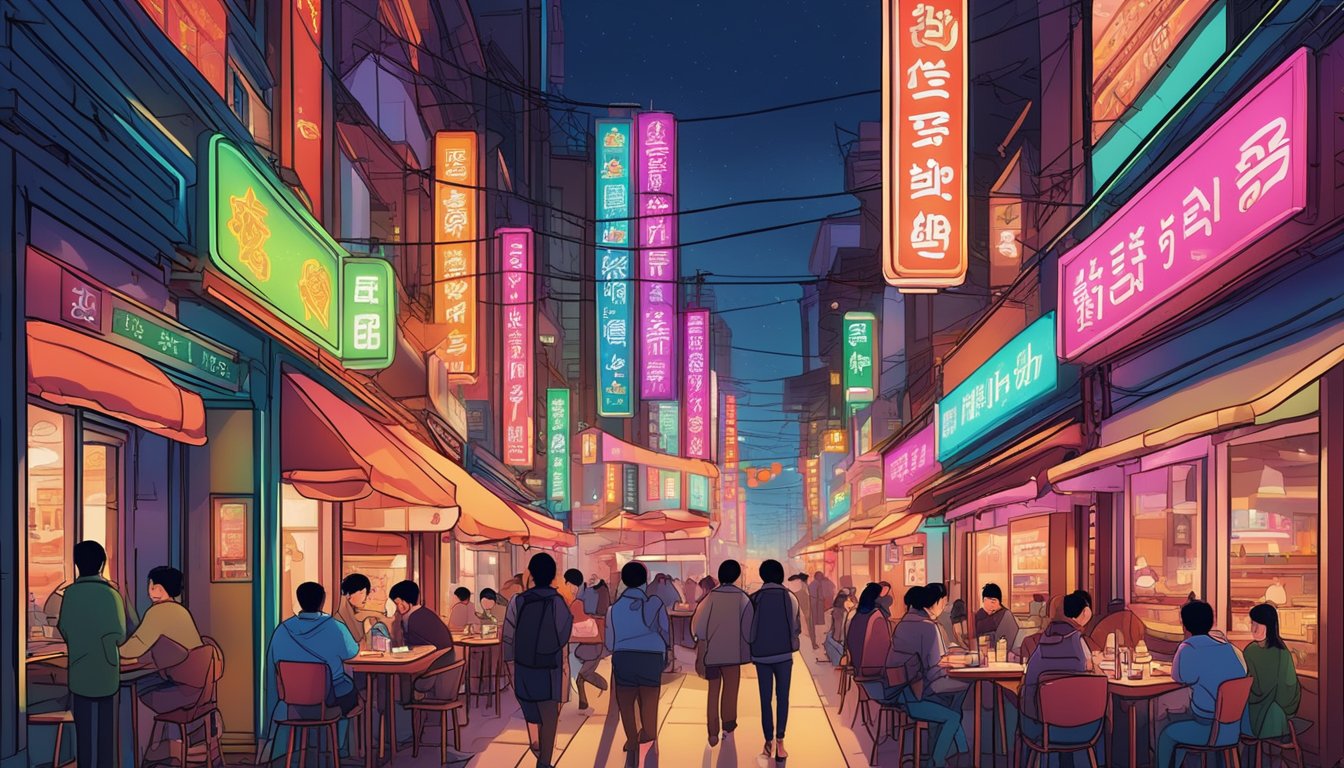A bustling street lined with colorful Korean restaurants, filled with the aroma of sizzling BBQ and spicy kimchi. Bright neon signs illuminate the night, drawing in hungry diners