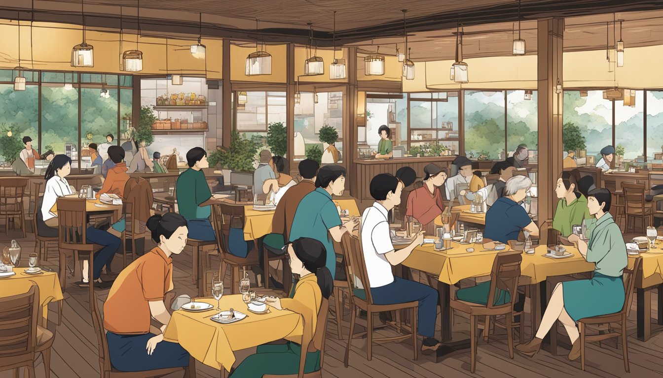 A bustling restaurant with patrons dining and chatting, waitstaff serving food and drinks, and a sign reading "Frequently Asked Questions Niseko Restaurants" displayed prominently
